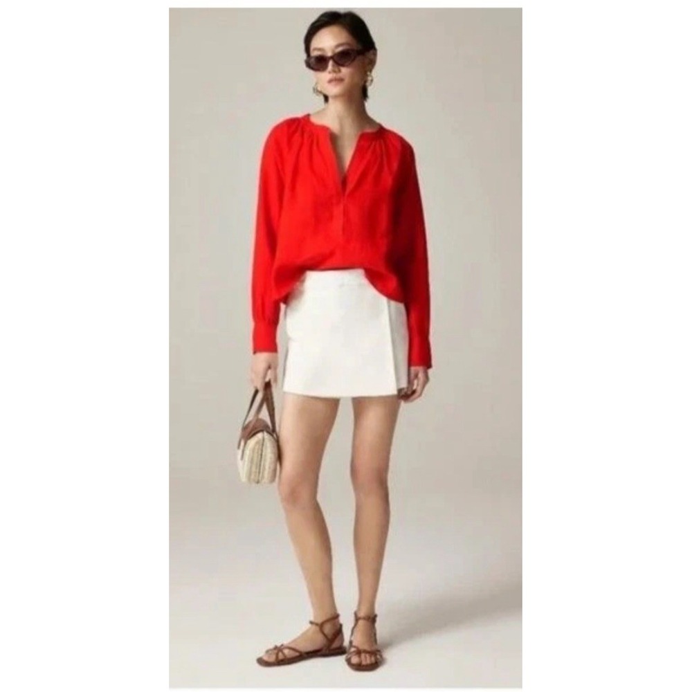 J.Crew Cabana Top Long Sleeve Blouse Linen Red Arroyo Women Large Preppy Coastal